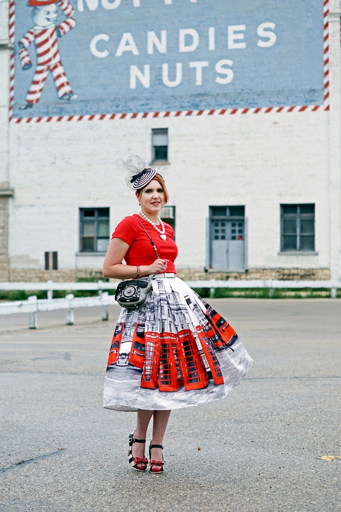 Winnipeg Style Fashion Consultant, Chicwish Oh London red printed telephone booth double decker bus pleated midi skirt, Mary Frances Call Me handmade beaded telephone bag purse clutch, Lola Ramona Angie striped vintage retro heels, Chapels Hats Jeanne Simmons striped black white fascinator hat